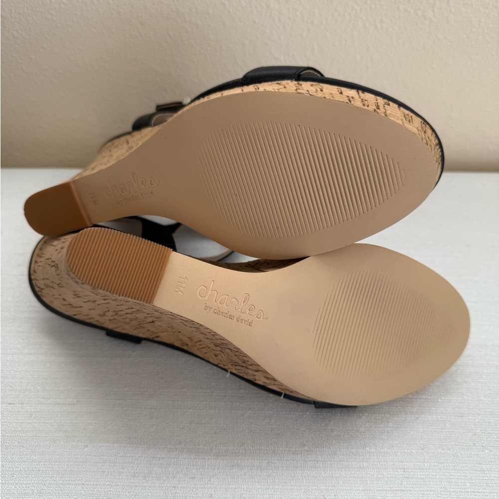 New Charles David Black Leather Cork Wedge Sandals - Picture 6 of 6
